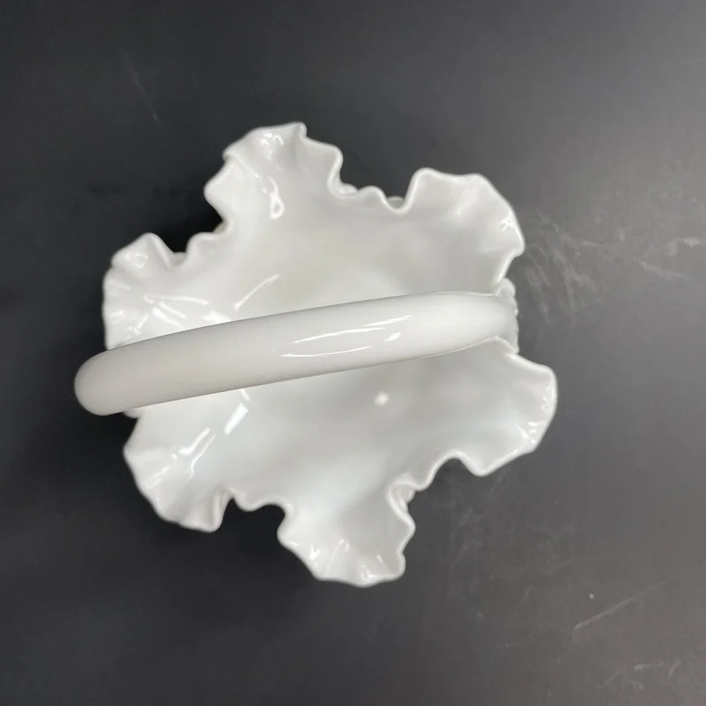 Vintage Fenton‎ Ruffle Hobnail White Milk Glass Basket With Applied Handle